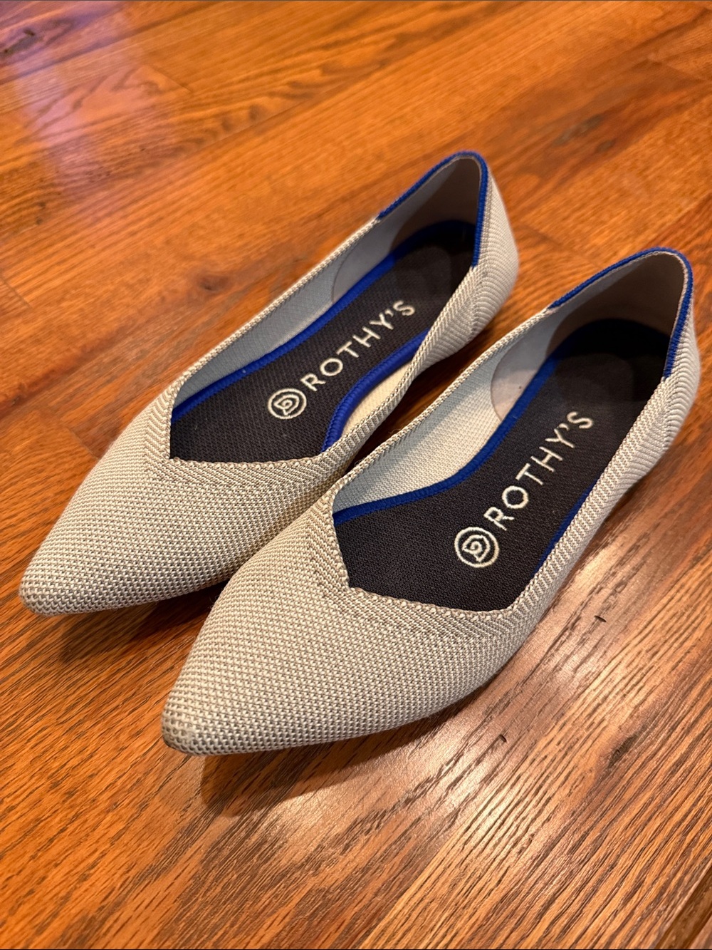 Rothy's Pointed Toe Flats in Light Gray with Blue Trim